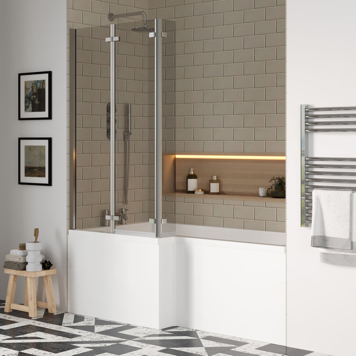 [BBZSS004] L Shape 1700x850 Shower Bath Set - Front Panel & 3 Panel Chrome Center Hinge Screen, Left Hand - Lifestyle 3