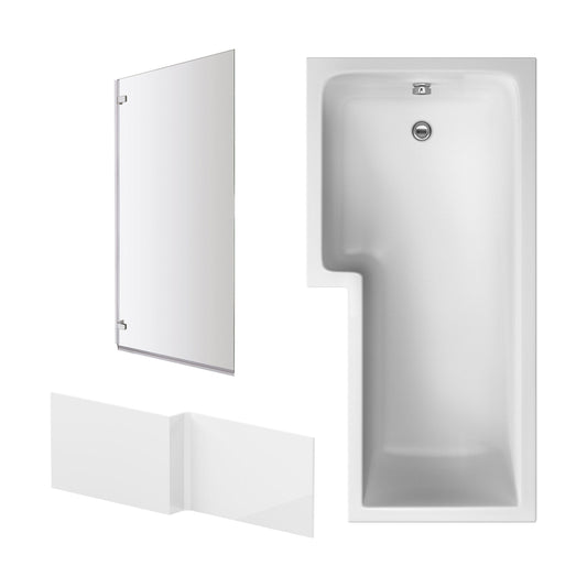 [BBZSS005] L Shape 1700 x 850mmShower Bath Set - Front Panel & Chrome Square Hinge Screen, Left Hand - Cutout