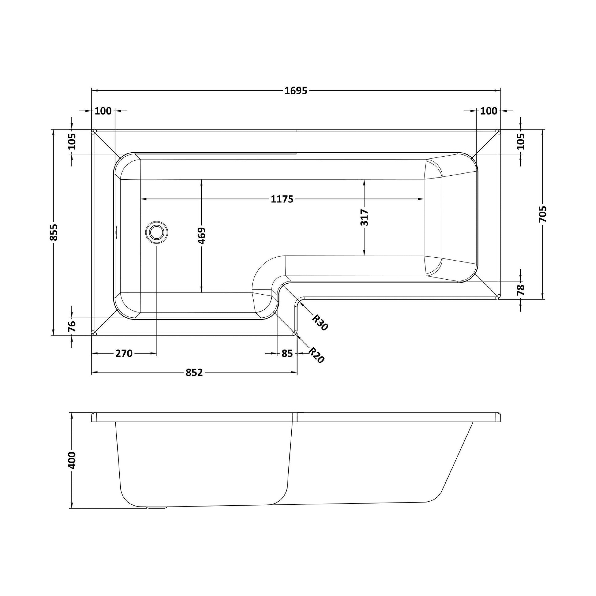 [BBZSS005] L Shape 1700 x 850mmShower Bath Set - Front Panel & Chrome Square Hinge Screen, Left Hand - Technical Drawing