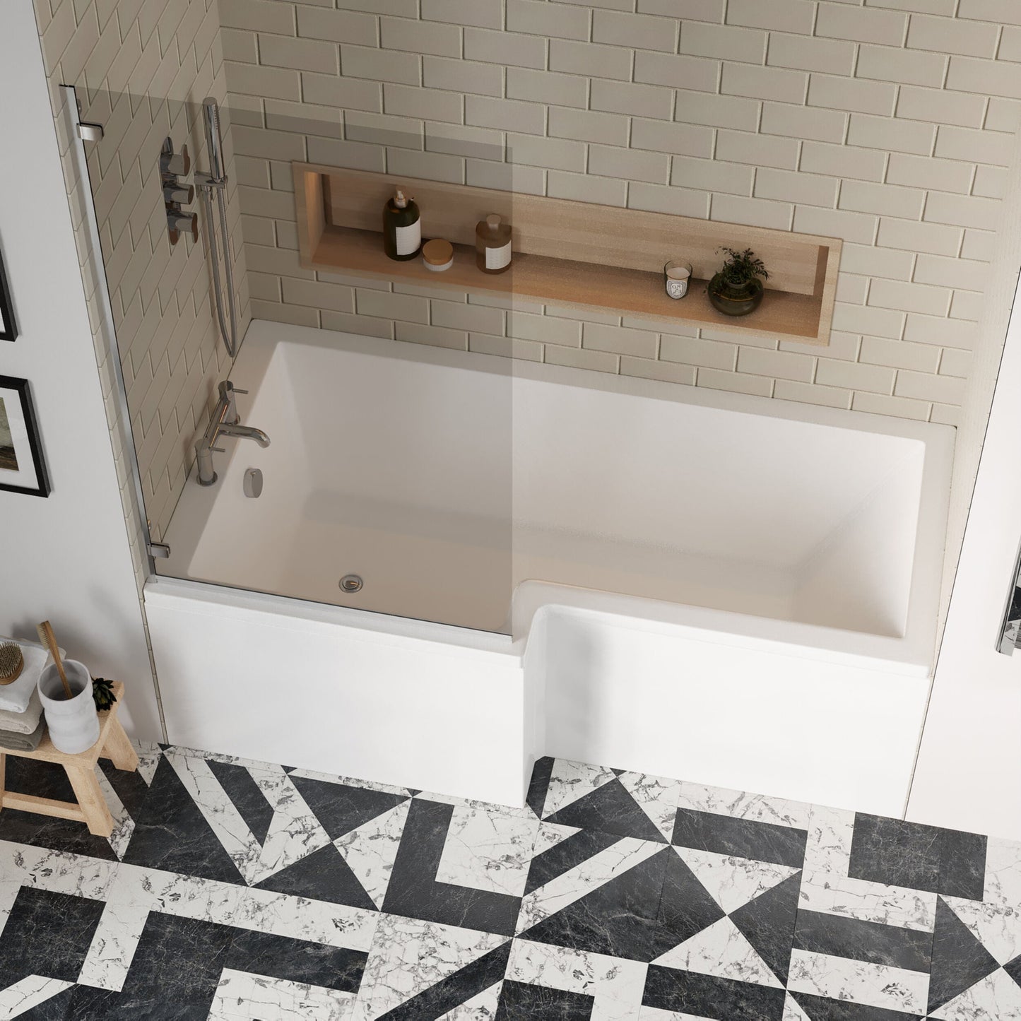 [BBZSS005] L Shape 1700 x 850mmShower Bath Set - Front Panel & Chrome Square Hinge Screen, Left Hand - Lifestyle 2