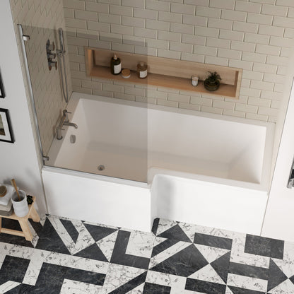 [BBZSS005] L Shape 1700 x 850mmShower Bath Set - Front Panel & Chrome Square Hinge Screen, Left Hand - Lifestyle 2