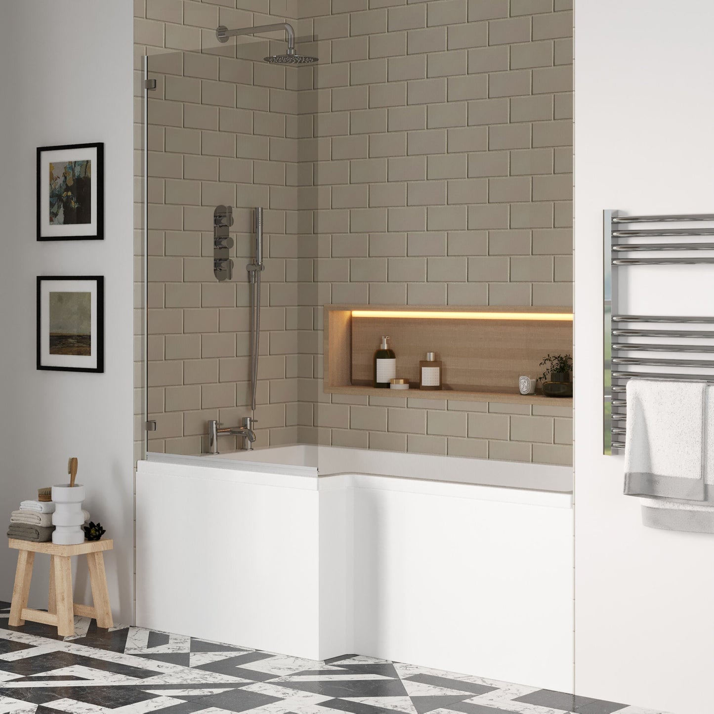 [BBZSS005] L Shape 1700 x 850mmShower Bath Set - Front Panel & Chrome Square Hinge Screen, Left Hand - Lifestyle 3