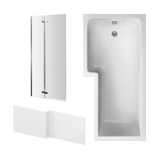 [BBZSS006] L Shape 1700x850 Shower Bath Set - Front Panel, Satin Chrome Straight Hinged Screen & Leg Set - Cutout