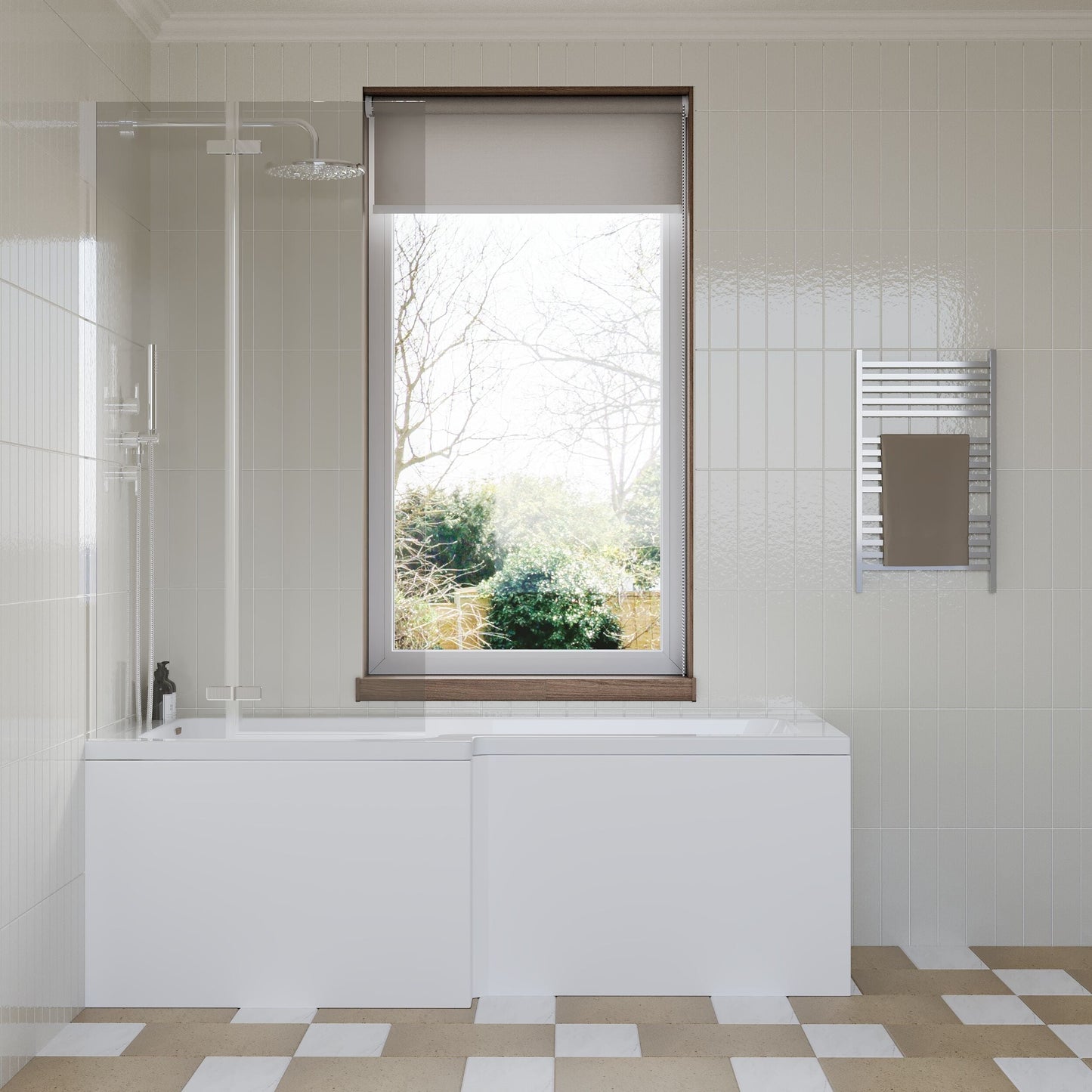 [BBZSS006] L Shape 1700x850 Shower Bath Set - Front Panel, Satin Chrome Straight Hinged Screen & Leg Set - Lifestyle 1