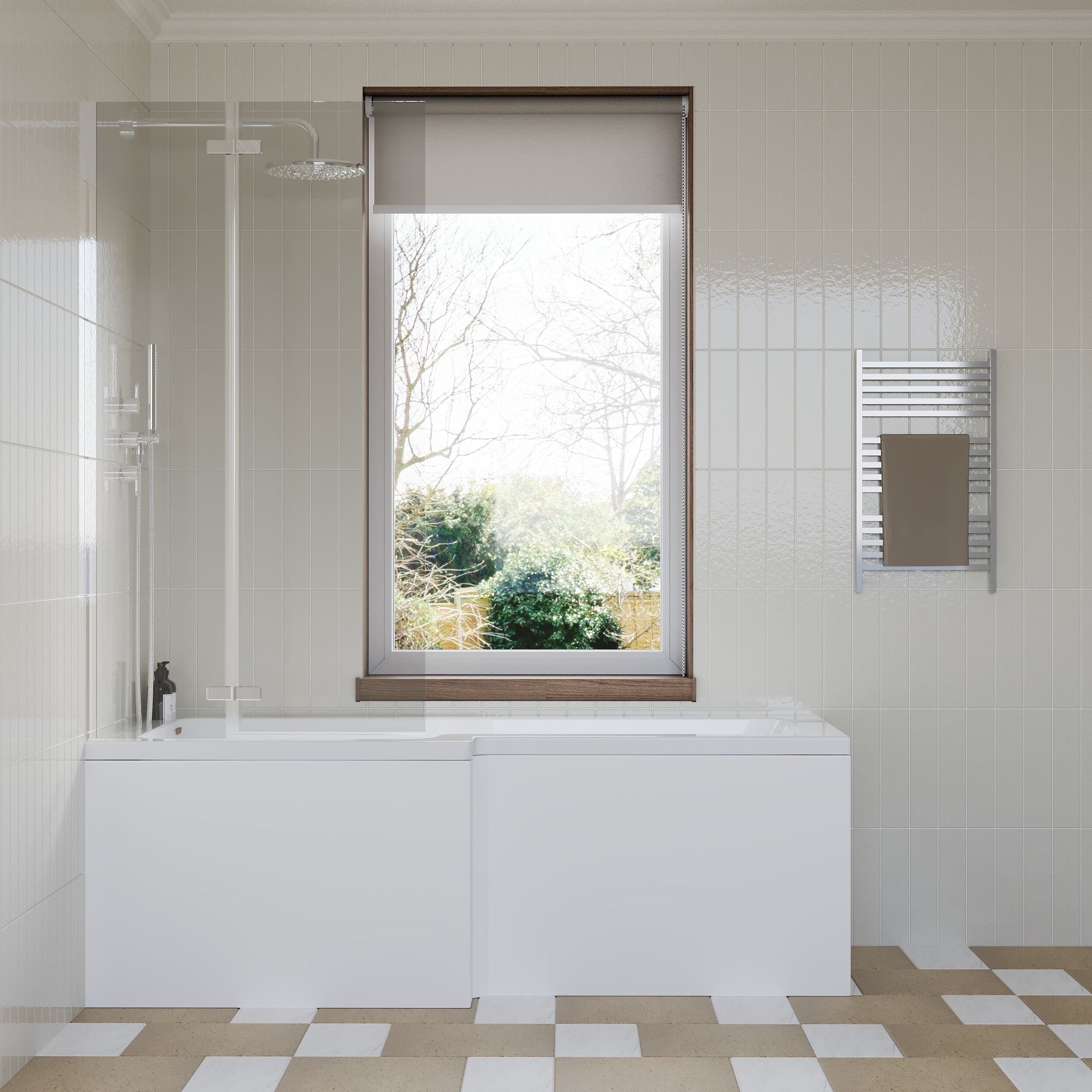 [BBZSS006] L Shape 1700x850 Shower Bath Set - Front Panel, Satin Chrome Straight Hinged Screen & Leg Set - Lifestyle 1
