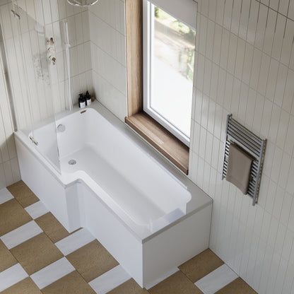 [BBZSS006] L Shape 1700x850 Shower Bath Set - Front Panel, Satin Chrome Straight Hinged Screen & Leg Set - Lifestyle 2