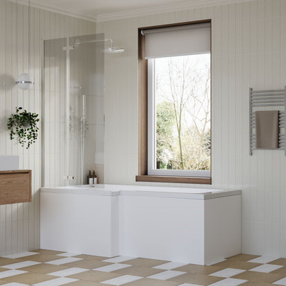 [BBZSS006] L Shape 1700x850 Shower Bath Set - Front Panel, Satin Chrome Straight Hinged Screen & Leg Set - Lifestyle 3