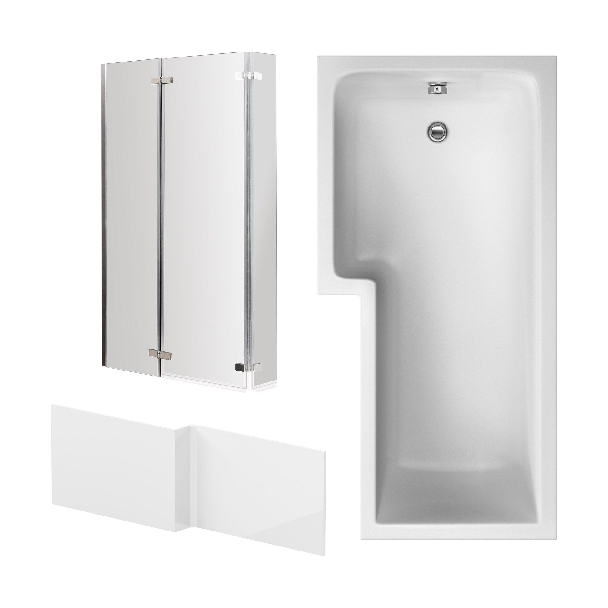 [BBZSS007] L Shape 1700 x 850mmShower Bath Set - Front Panel & 3 Panel Chrome Center Hinge Screen, Left Hand - Cutout