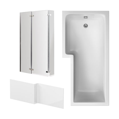 [BBZSS007] L Shape 1700 x 850mmShower Bath Set - Front Panel & 3 Panel Chrome Center Hinge Screen, Left Hand - Cutout