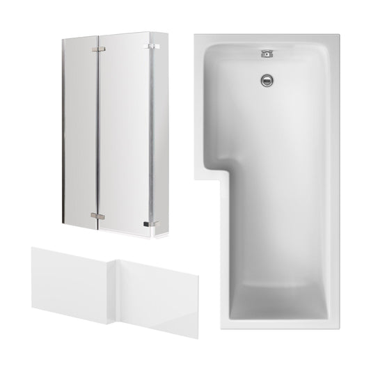 [BBZSS007] L Shape 1700 x 850mmShower Bath Set - Front Panel & 3 Panel Chrome Center Hinge Screen, Left Hand - Cutout