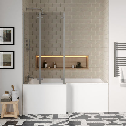 [BBZSS007] L Shape 1700 x 850mmShower Bath Set - Front Panel & 3 Panel Chrome Center Hinge Screen, Left Hand - Lifestyle 1