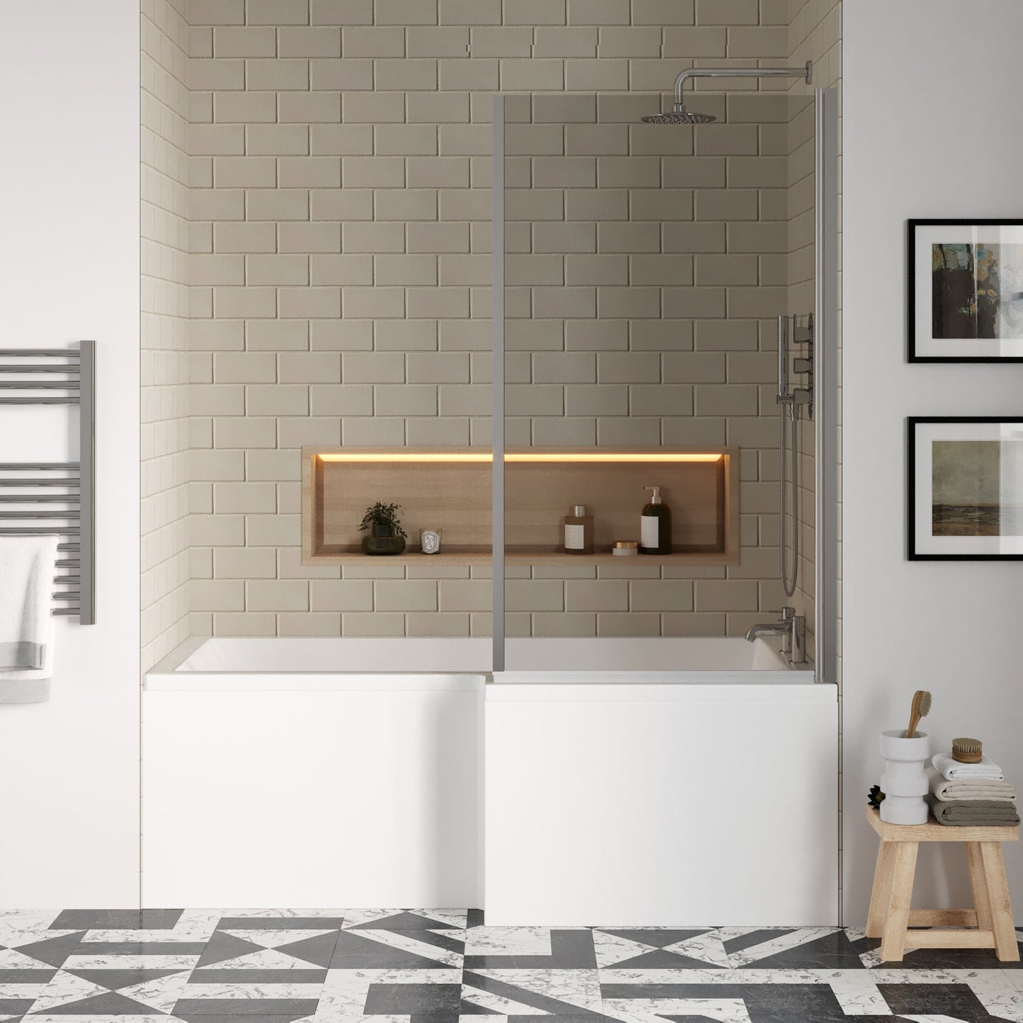 [BBZSS009] L Shape 1700 x 850mmShower Bath Set - Front Panel & Chrome Fixed Return Screen, Right Hand - Lifestyle 1