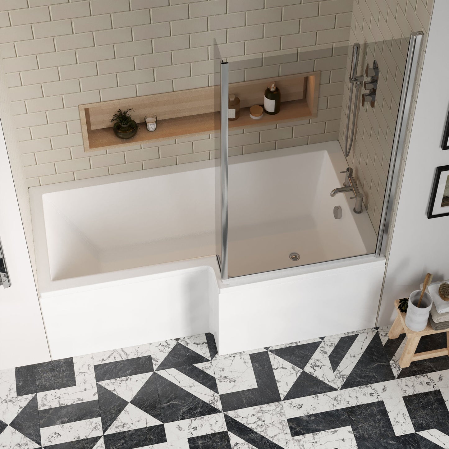 [BBZSS009] L Shape 1700 x 850mmShower Bath Set - Front Panel & Chrome Fixed Return Screen, Right Hand - Lifestyle 2
