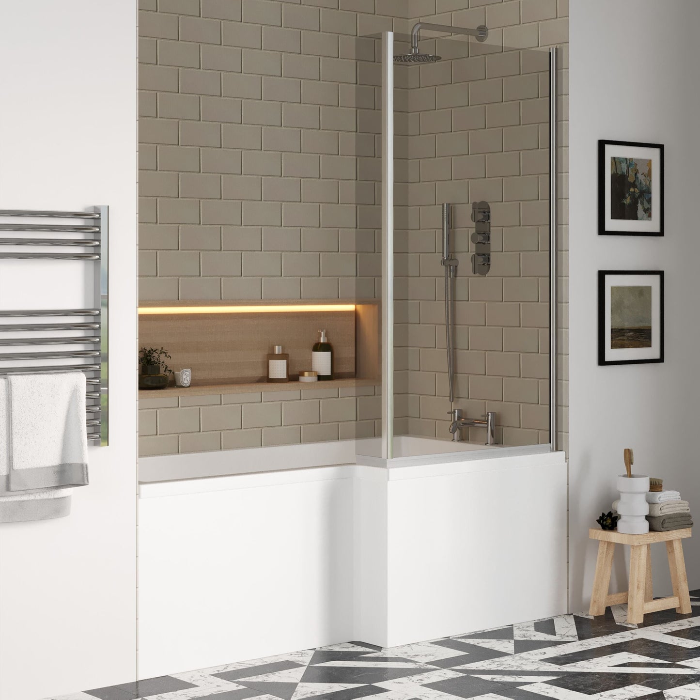 [BBZSS009] L Shape 1700 x 850mmShower Bath Set - Front Panel & Chrome Fixed Return Screen, Right Hand - Lifestyle 3