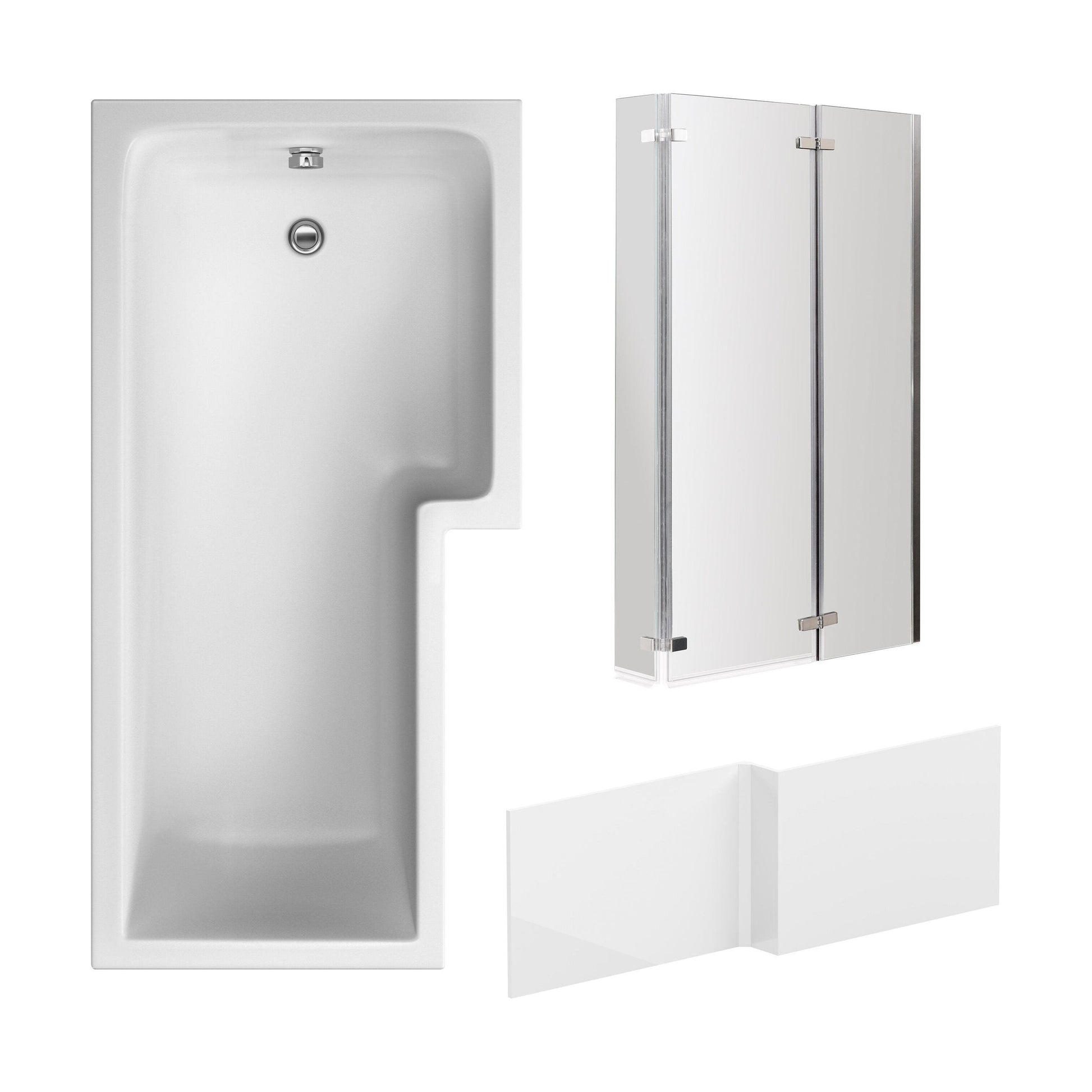 [BBZSS011] L Shape 1700x850 Shower Bath Set - Front Panel & 3 Panel Chrome Center Hinge Screen - Cutout