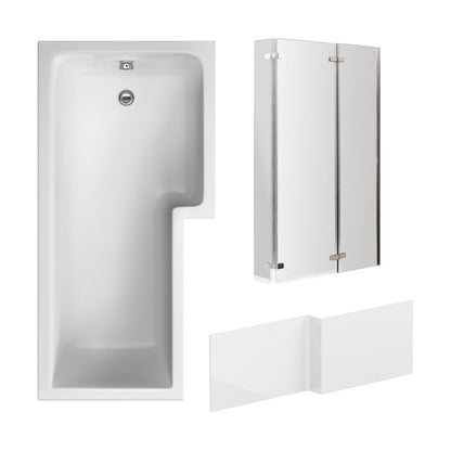 [BBZSS011] L Shape 1700x850 Shower Bath Set - Front Panel & 3 Panel Chrome Center Hinge Screen - Cutout