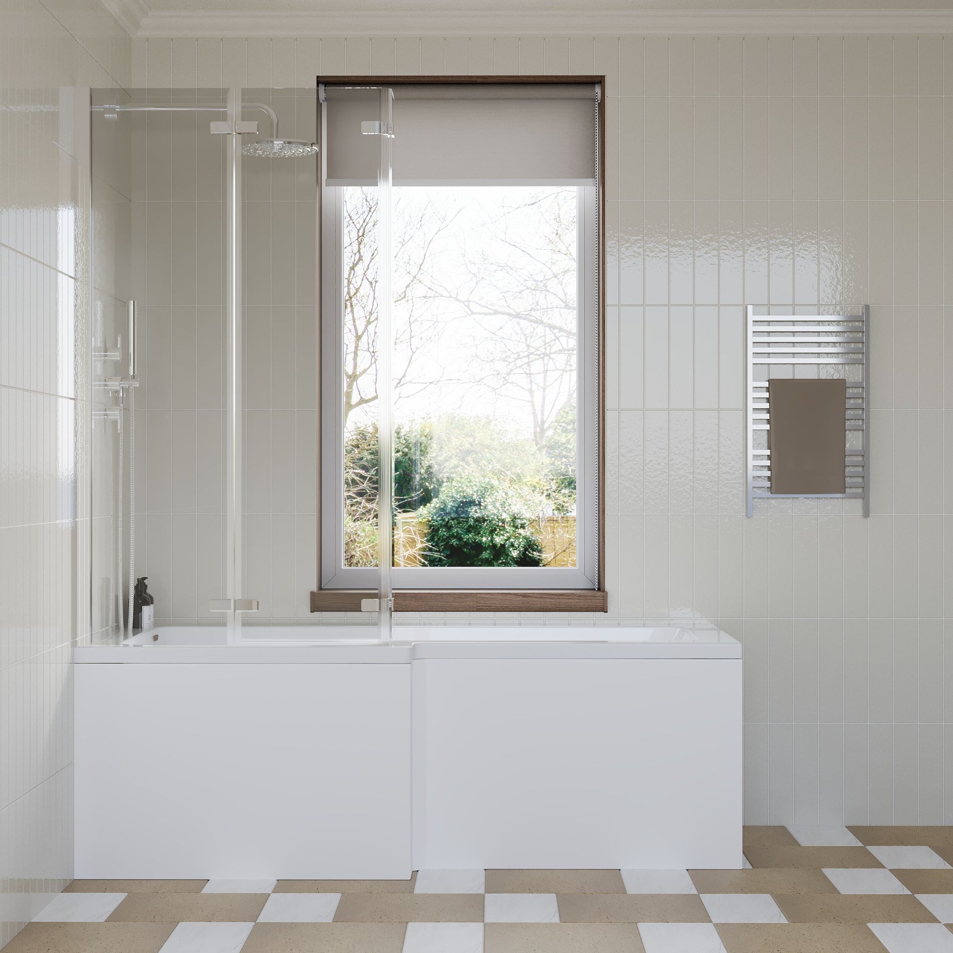 [BBZSS011] L Shape 1700x850 Shower Bath Set - Front Panel & 3 Panel Chrome Center Hinge Screen - Lifestyle 1