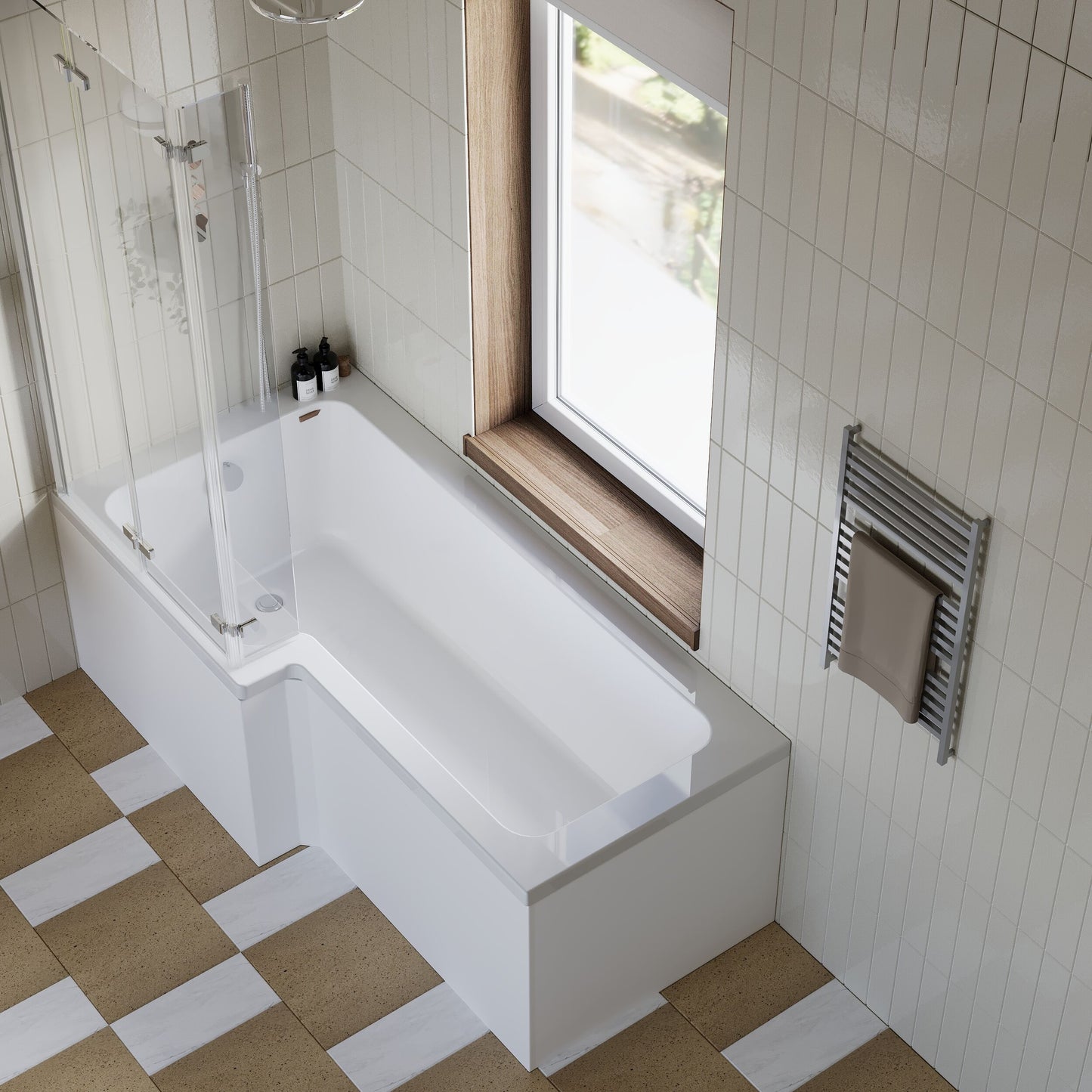 [BBZSS011] L Shape 1700x850 Shower Bath Set - Front Panel & 3 Panel Chrome Center Hinge Screen - Lifestyle 2