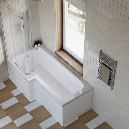 [BBZSS011] L Shape 1700x850 Shower Bath Set - Front Panel & 3 Panel Chrome Center Hinge Screen - Lifestyle 2