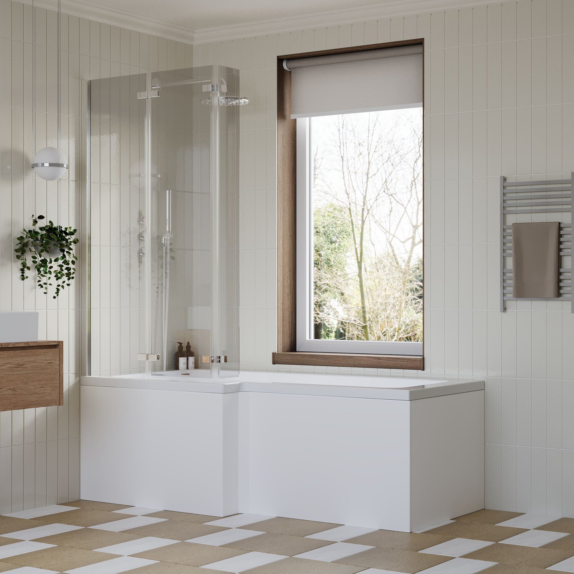 [BBZSS011] L Shape 1700x850 Shower Bath Set - Front Panel & 3 Panel Chrome Center Hinge Screen - Lifestyle 3