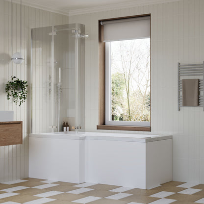 [BBZSS011] L Shape 1700x850 Shower Bath Set - Front Panel & 3 Panel Chrome Center Hinge Screen - Lifestyle 3