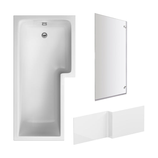 [BBZSS012] L Shape 1700x850 Shower Bath Set - Front Panel & Chrome Square Hinge Screen, Right Hand - Cutout