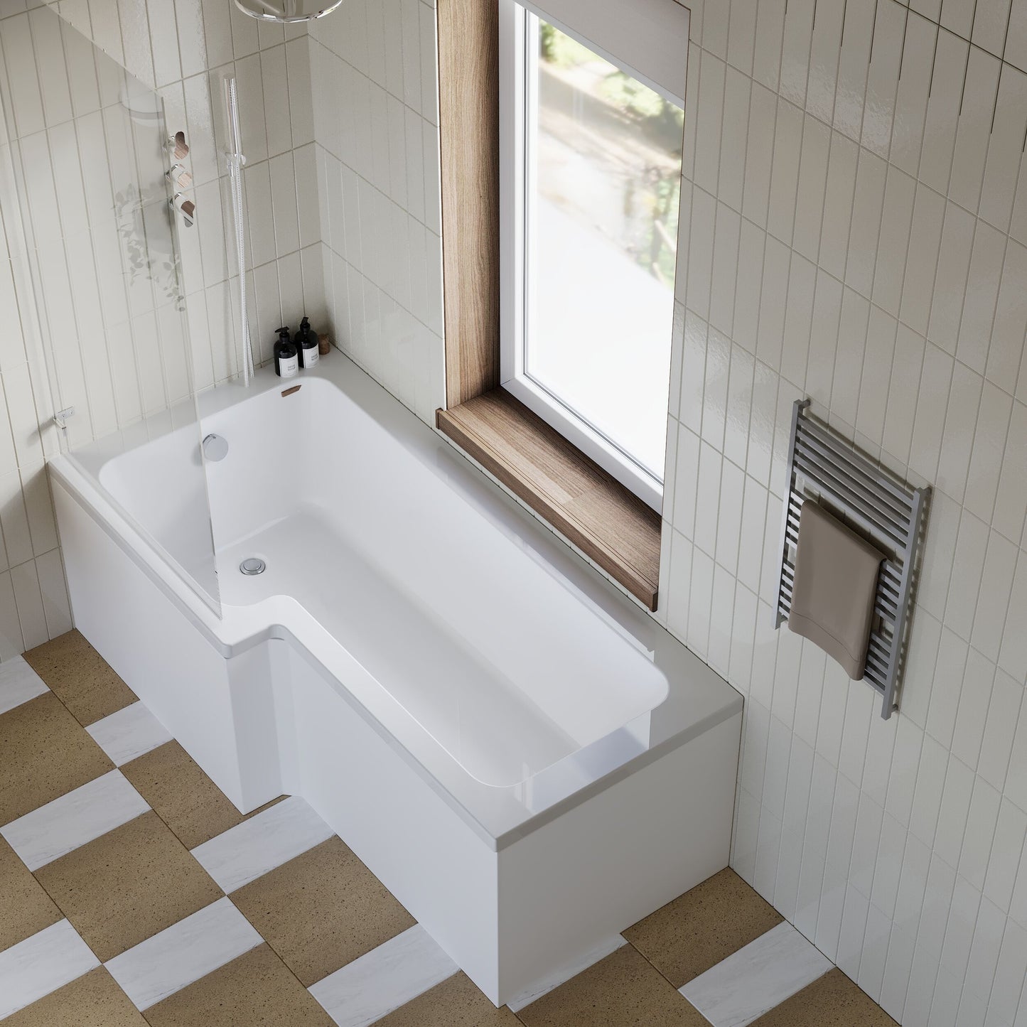 [BBZSS012] L Shape 1700x850 Shower Bath Set - Front Panel & Chrome Square Hinge Screen, Right Hand - Lifestyle 2