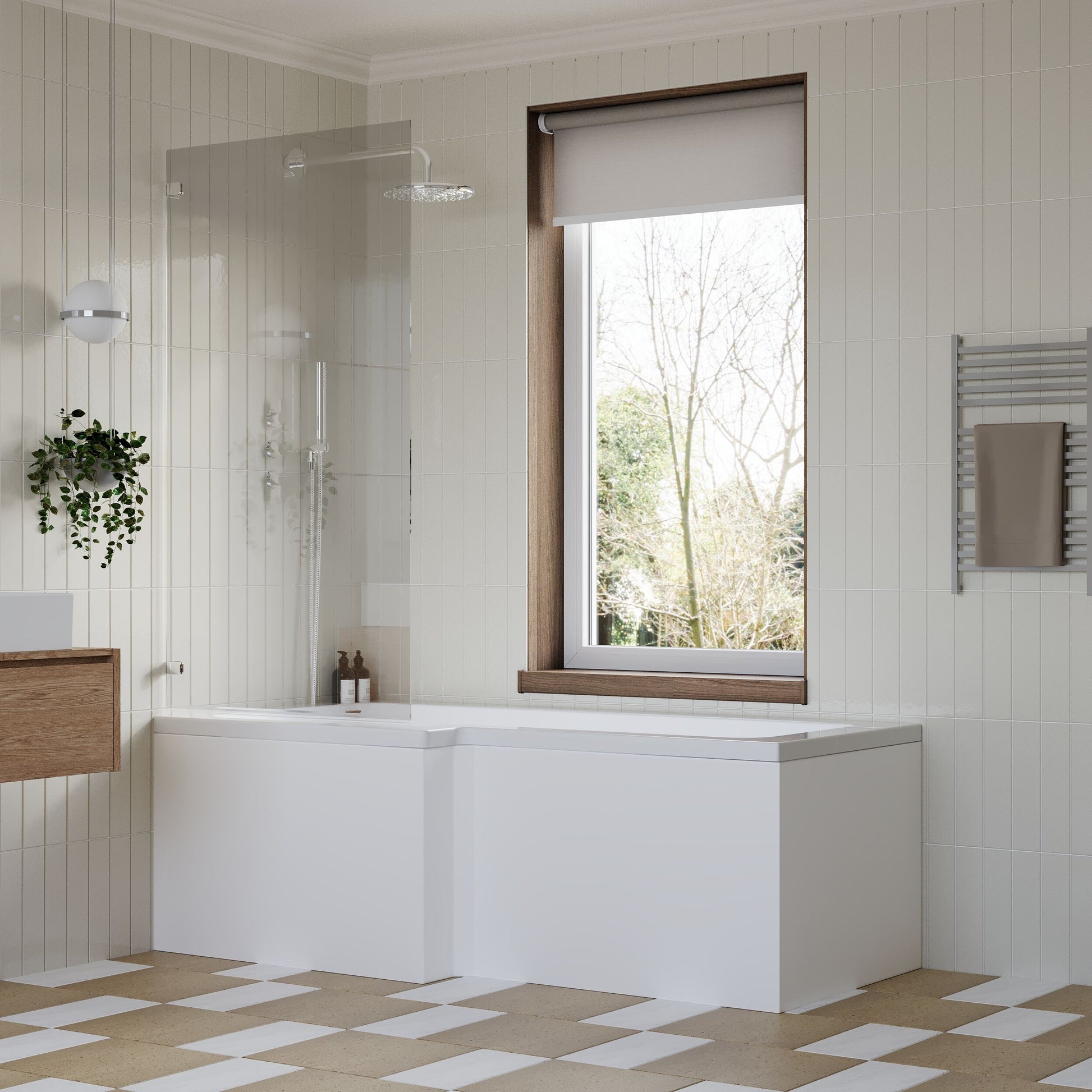 [BBZSS012] L Shape 1700x850 Shower Bath Set - Front Panel & Chrome Square Hinge Screen, Right Hand - Lifestyle 3