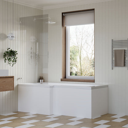 [BBZSS012] L Shape 1700x850 Shower Bath Set - Front Panel & Chrome Square Hinge Screen, Right Hand - Lifestyle 3