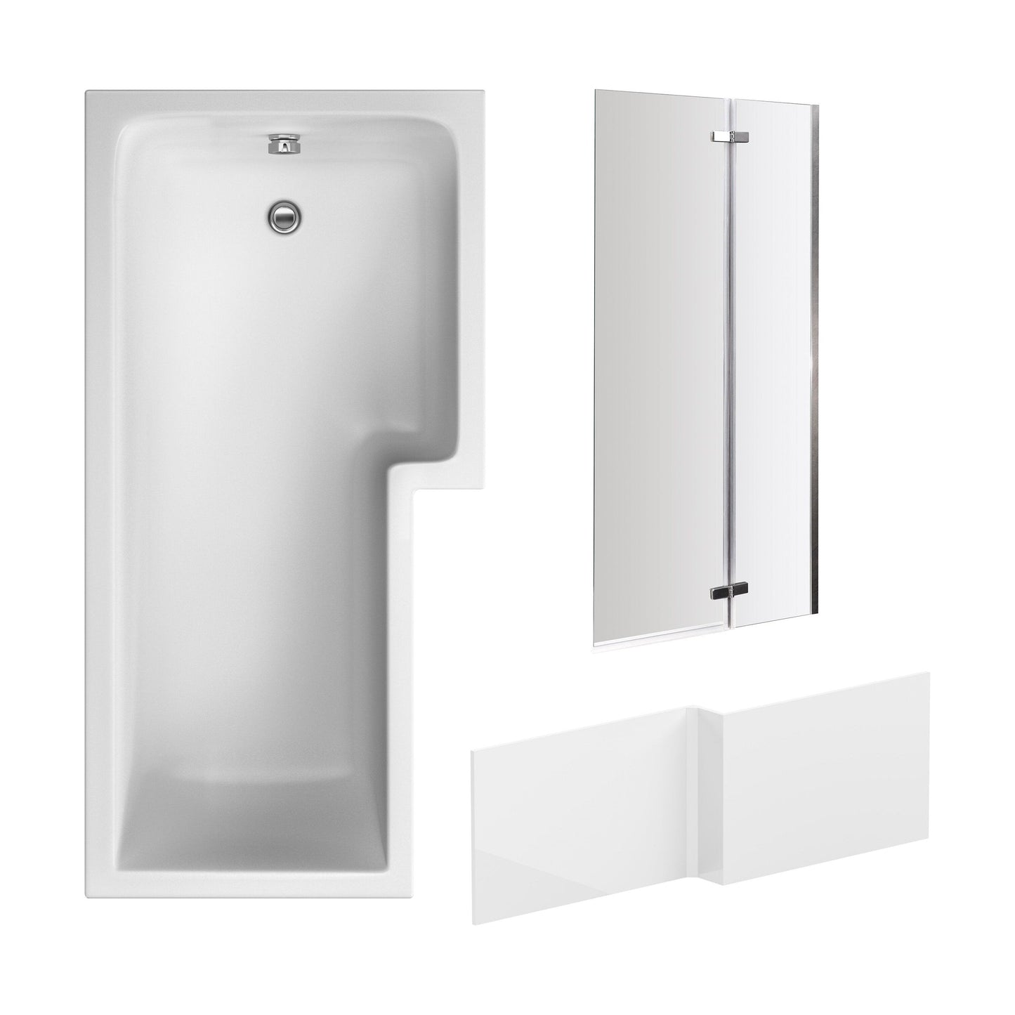 [BBZSS013] L Shape 1700x850 Shower Bath Set - Front Panel & Chrome 2 Panel Center Hinge Screen, Right Hand - Cutout