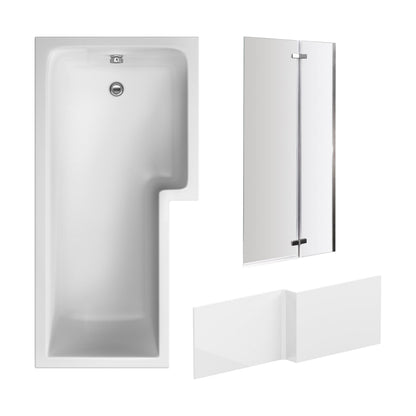 [BBZSS013] L Shape 1700x850 Shower Bath Set - Front Panel & Chrome 2 Panel Center Hinge Screen, Right Hand - Cutout