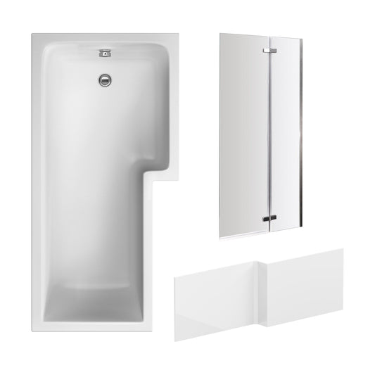 [BBZSS013] L Shape 1700x850 Shower Bath Set - Front Panel & Chrome 2 Panel Center Hinge Screen, Right Hand - Cutout
