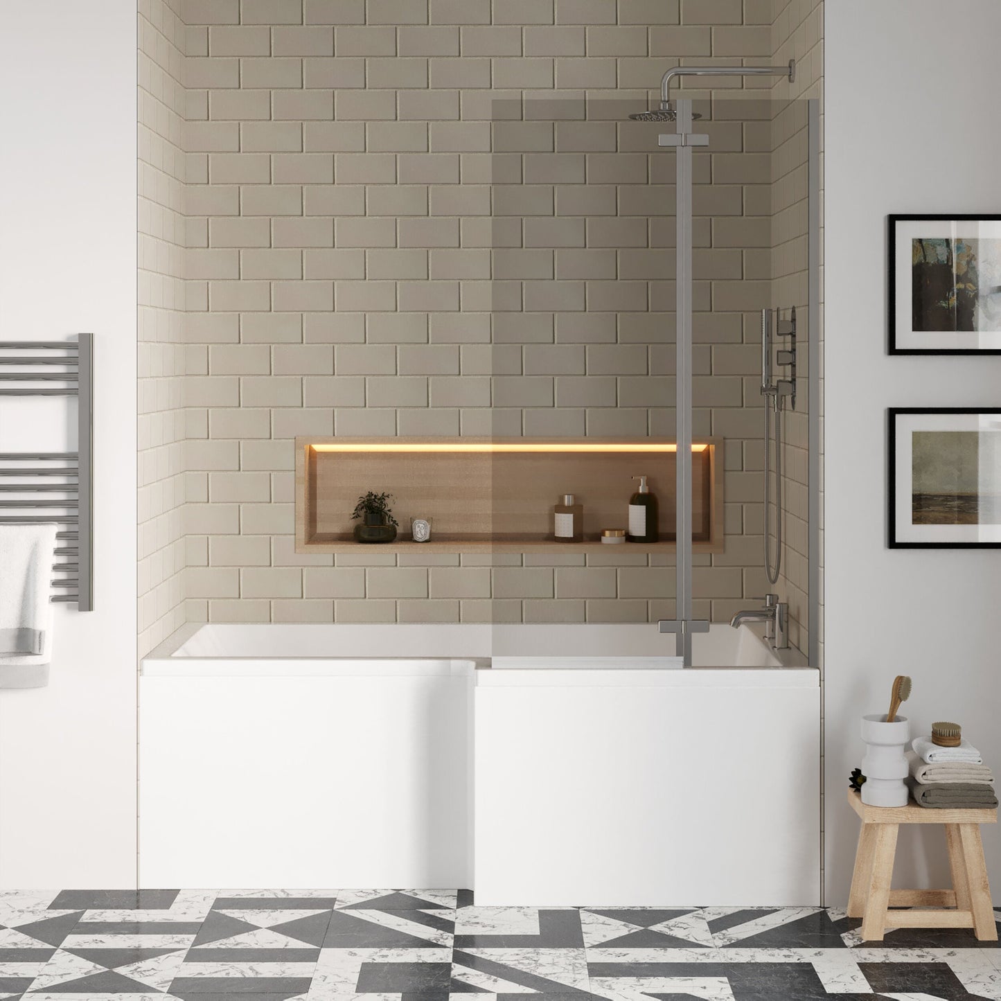 [BBZSS013] L Shape 1700x850 Shower Bath Set - Front Panel & Chrome 2 Panel Center Hinge Screen, Right Hand - Lifestyle 1