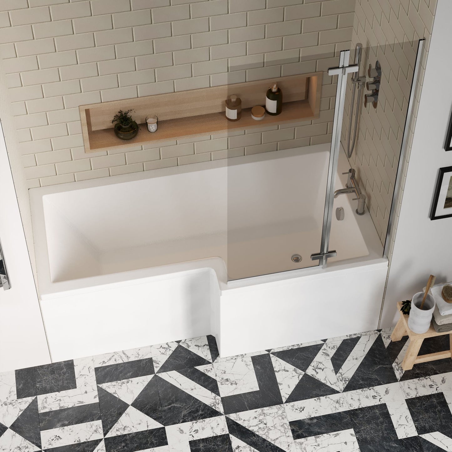 [BBZSS013] L Shape 1700x850 Shower Bath Set - Front Panel & Chrome 2 Panel Center Hinge Screen, Right Hand - Lifestyle 2