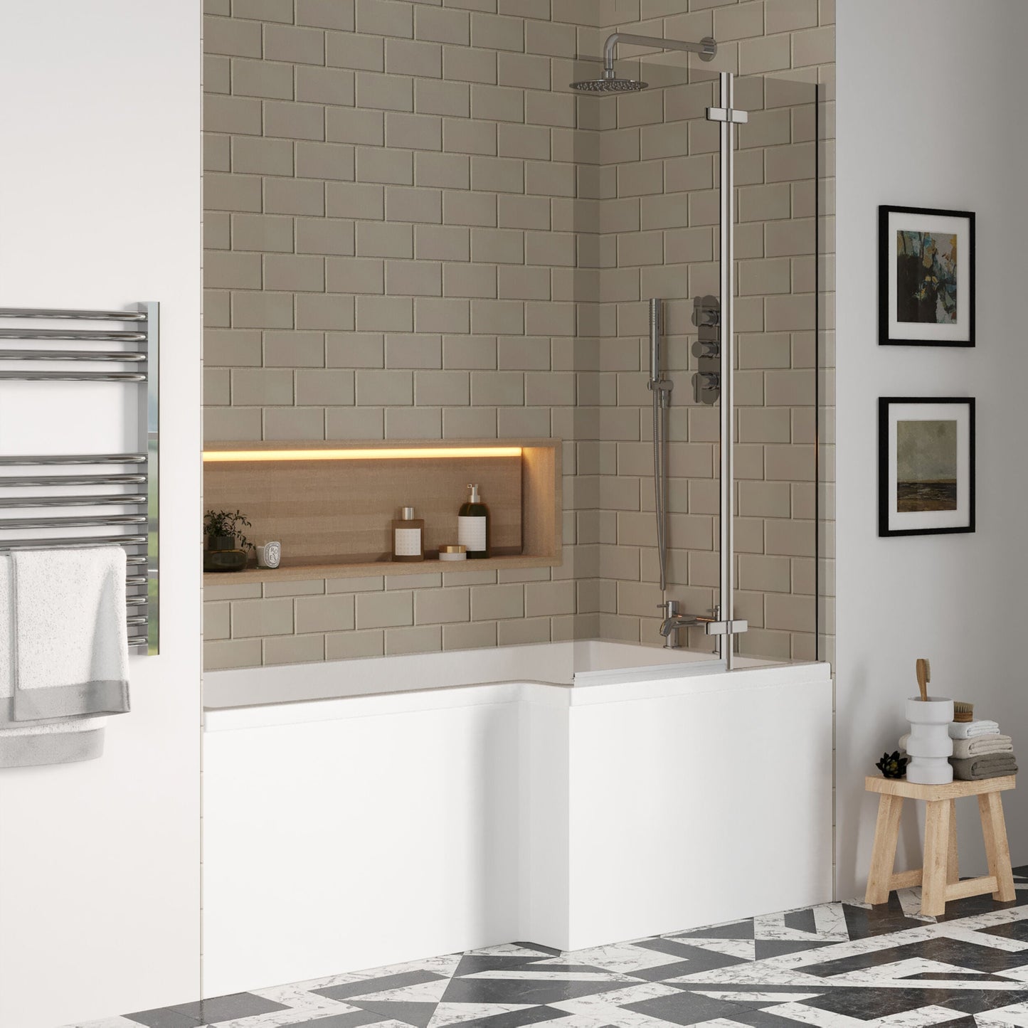 [BBZSS013] L Shape 1700x850 Shower Bath Set - Front Panel & Chrome 2 Panel Center Hinge Screen, Right Hand - Lifestyle 3