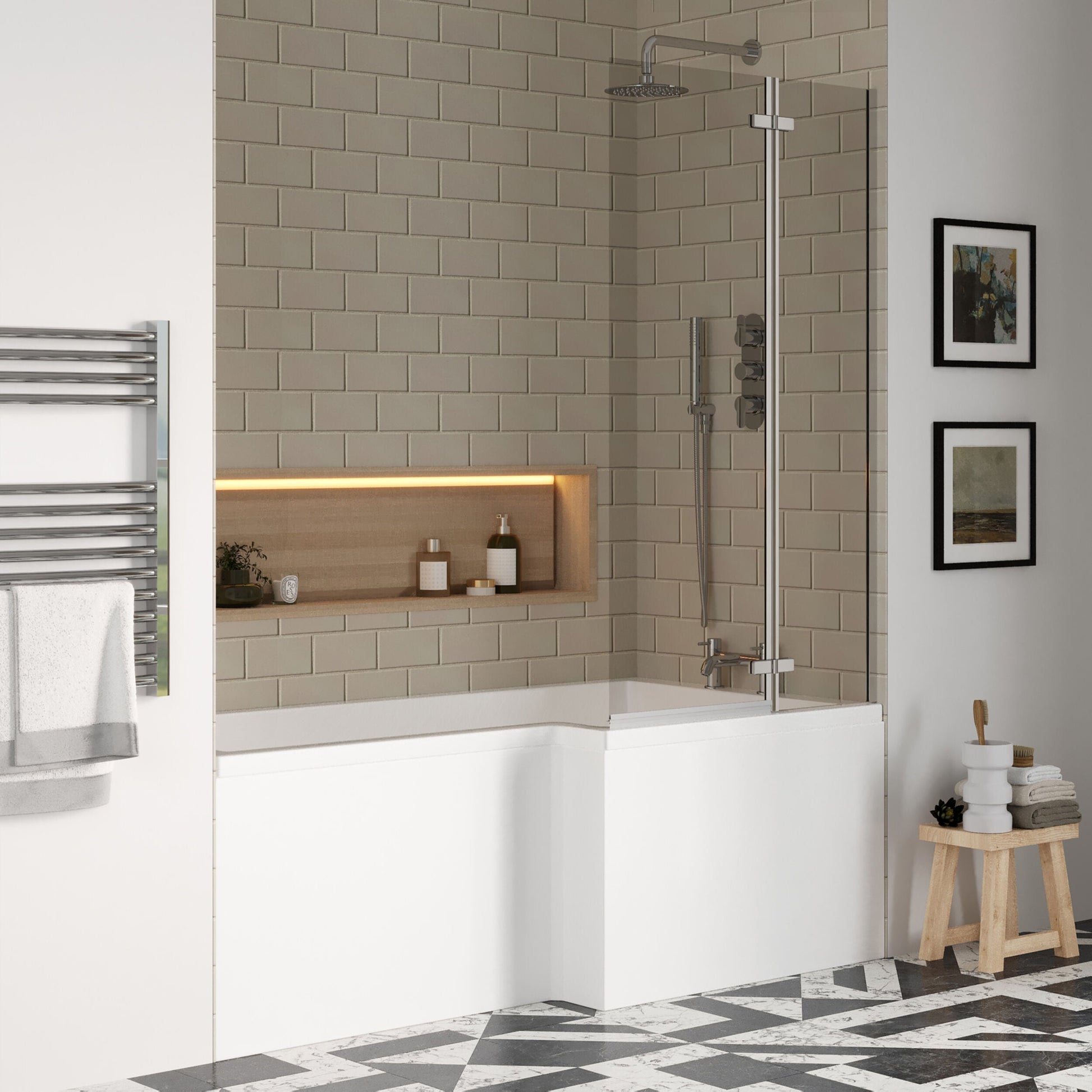 [BBZSS013] L Shape 1700x850 Shower Bath Set - Front Panel & Chrome 2 Panel Center Hinge Screen, Right Hand - Lifestyle 3
