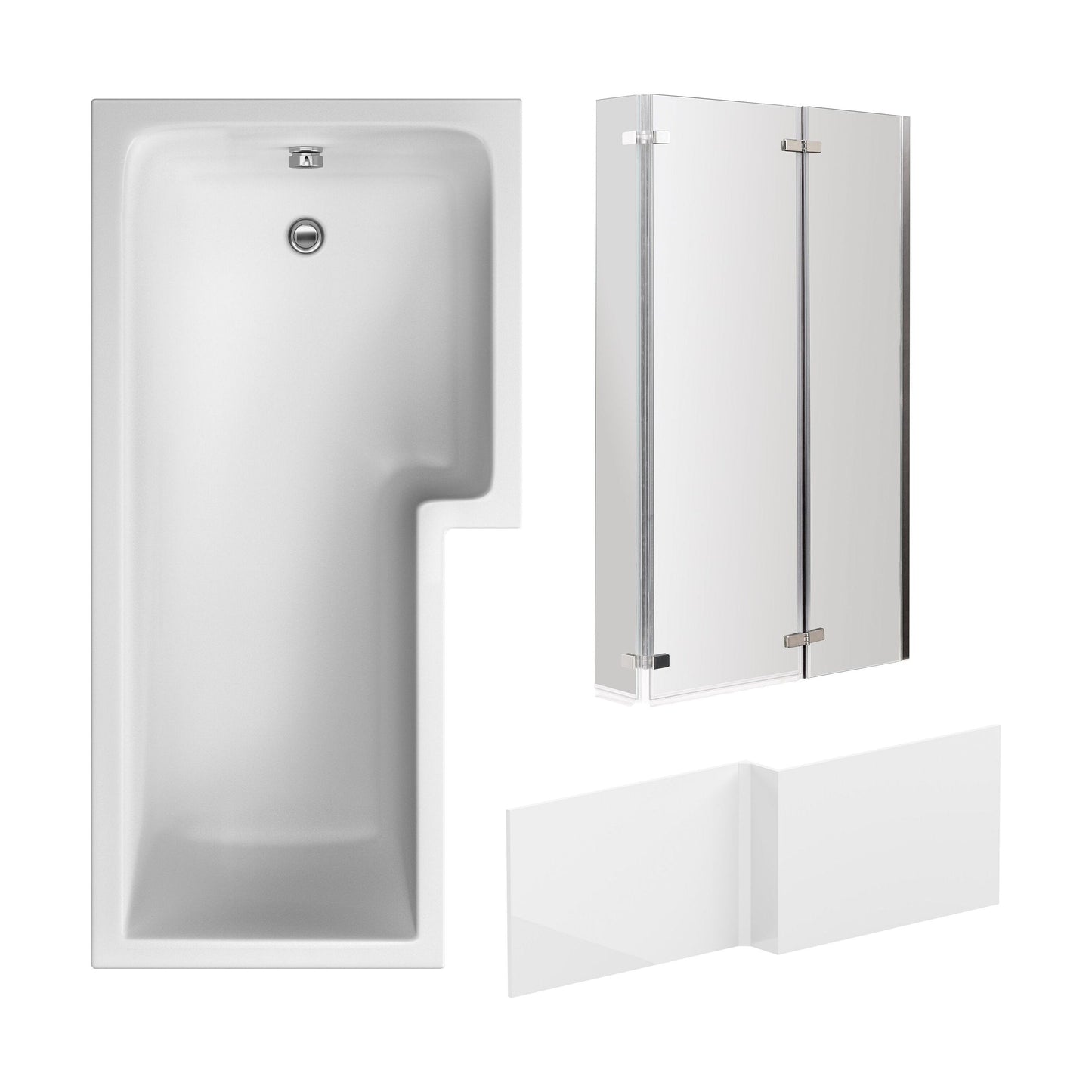 [BBZSS014] L Shape 1700x850 Shower Bath Set - Front Panel & Chrome 3 Panel Center Hinge Screen, Right Hand - Cutout