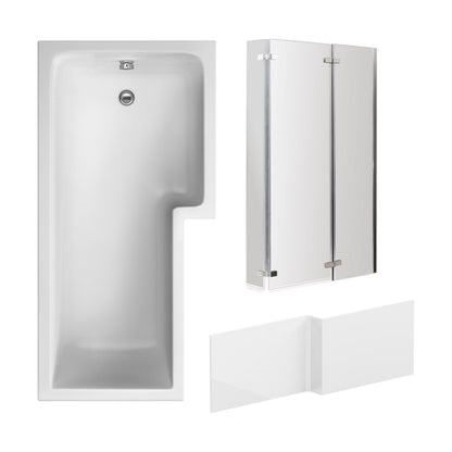 [BBZSS014] L Shape 1700x850 Shower Bath Set - Front Panel & Chrome 3 Panel Center Hinge Screen, Right Hand - Cutout