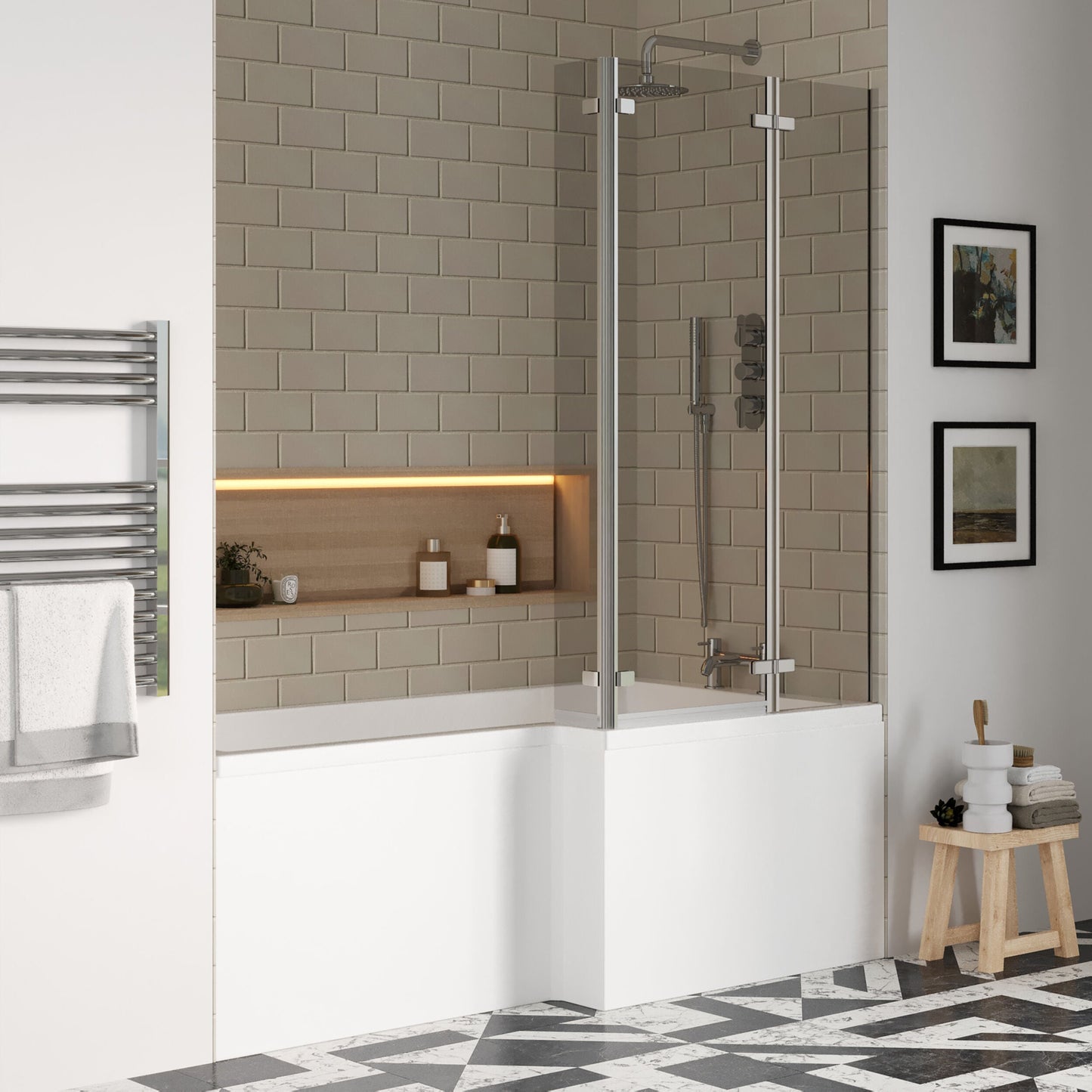 [BBZSS014] L Shape 1700x850 Shower Bath Set - Front Panel & Chrome 3 Panel Center Hinge Screen, Right Hand - Lifestyle 3
