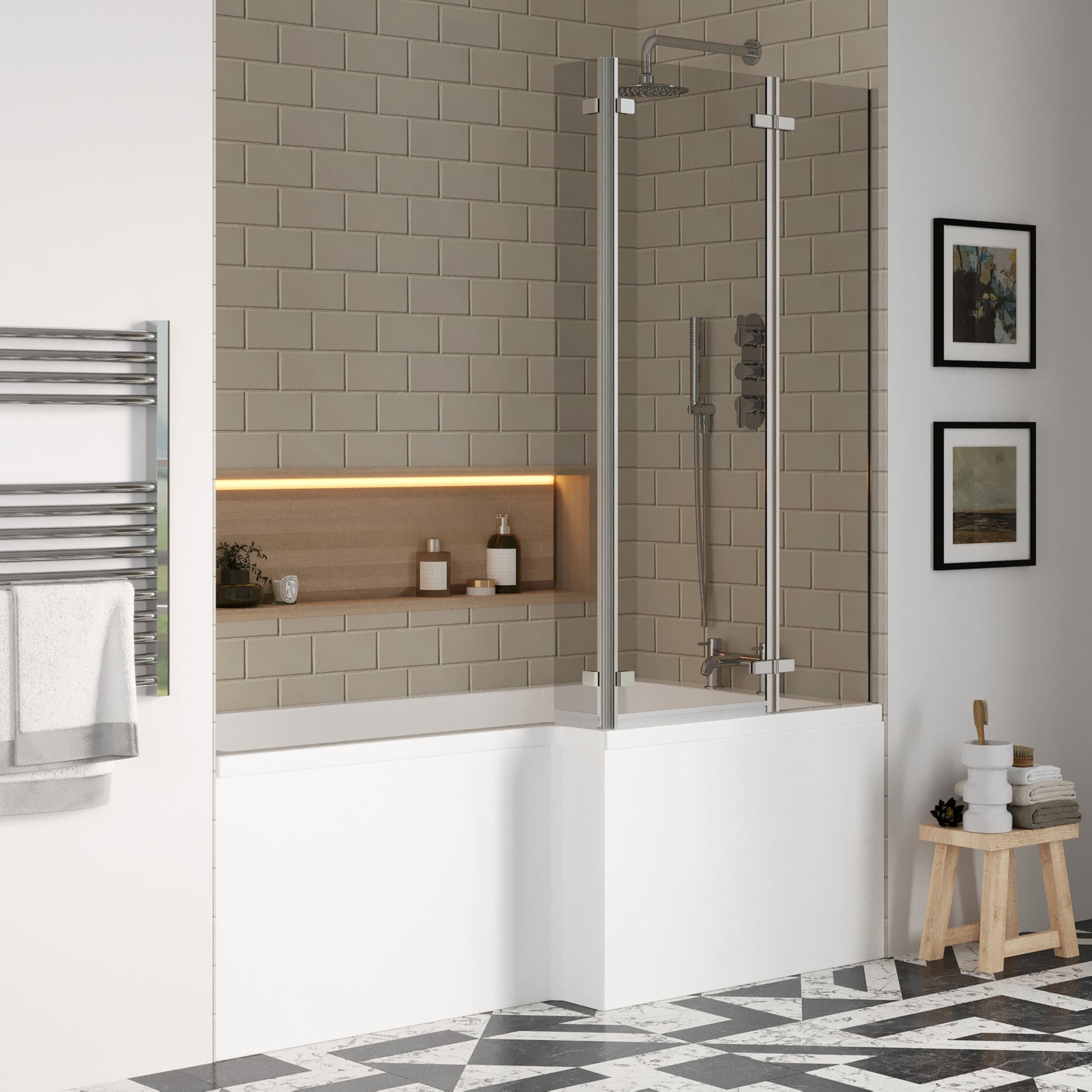 [BBZSS014] L Shape 1700x850 Shower Bath Set - Front Panel & Chrome 3 Panel Center Hinge Screen, Right Hand - Lifestyle 3