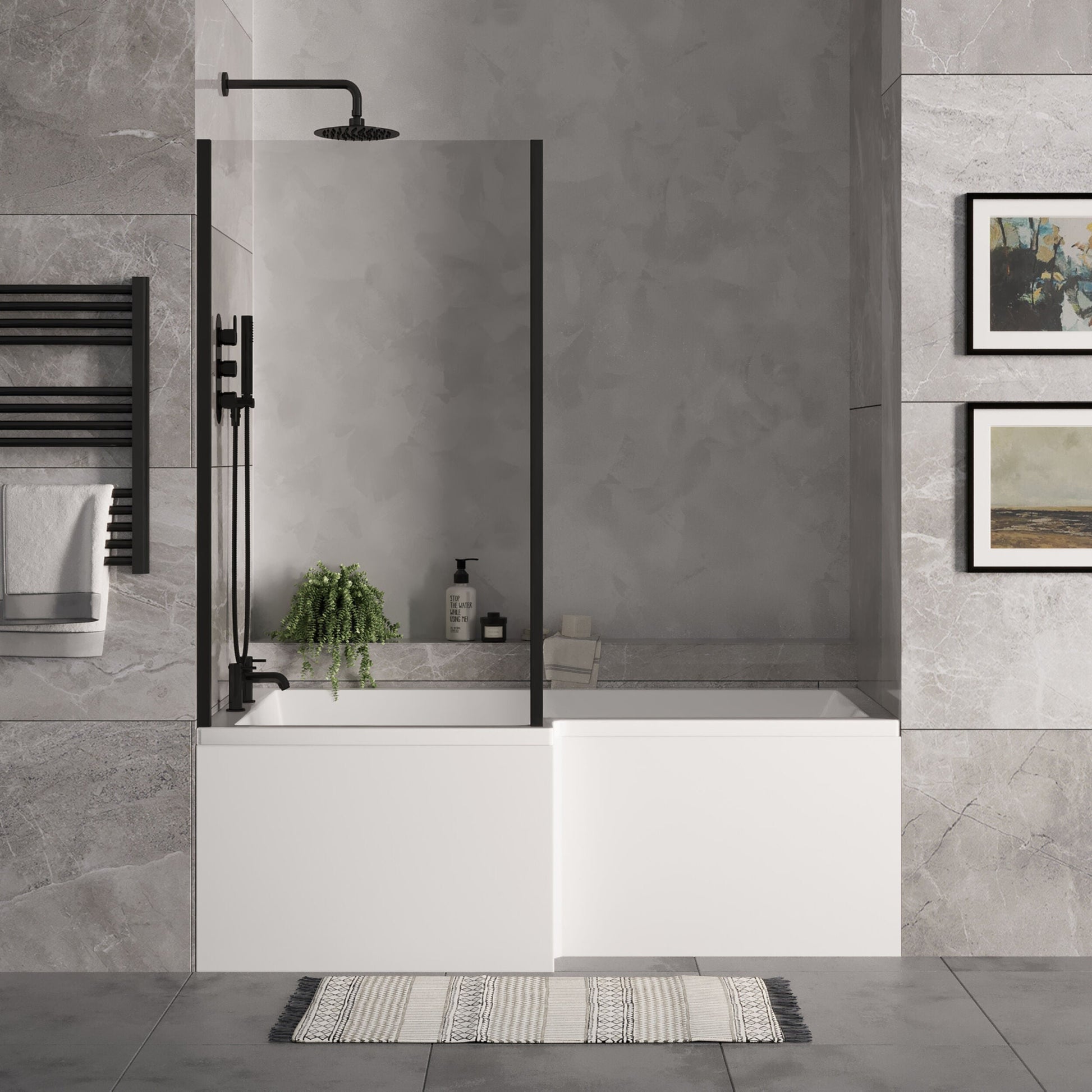 [BBZSS015] L Shape 1700x850 Shower Bath Set - Front Panel & Black Fixed Return Screen, Left Hand - Lifestyle 1