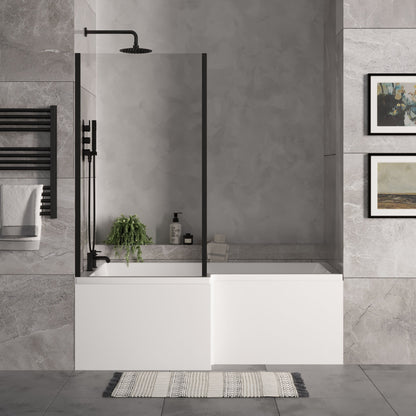[BBZSS015] L Shape 1700x850 Shower Bath Set - Front Panel & Black Fixed Return Screen, Left Hand - Lifestyle 1