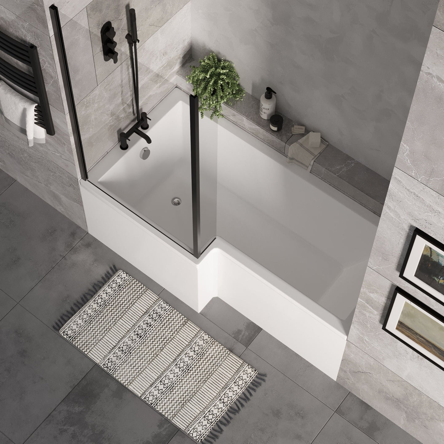 [BBZSS015] L Shape 1700x850 Shower Bath Set - Front Panel & Black Fixed Return Screen, Left Hand - Lifestyle 2