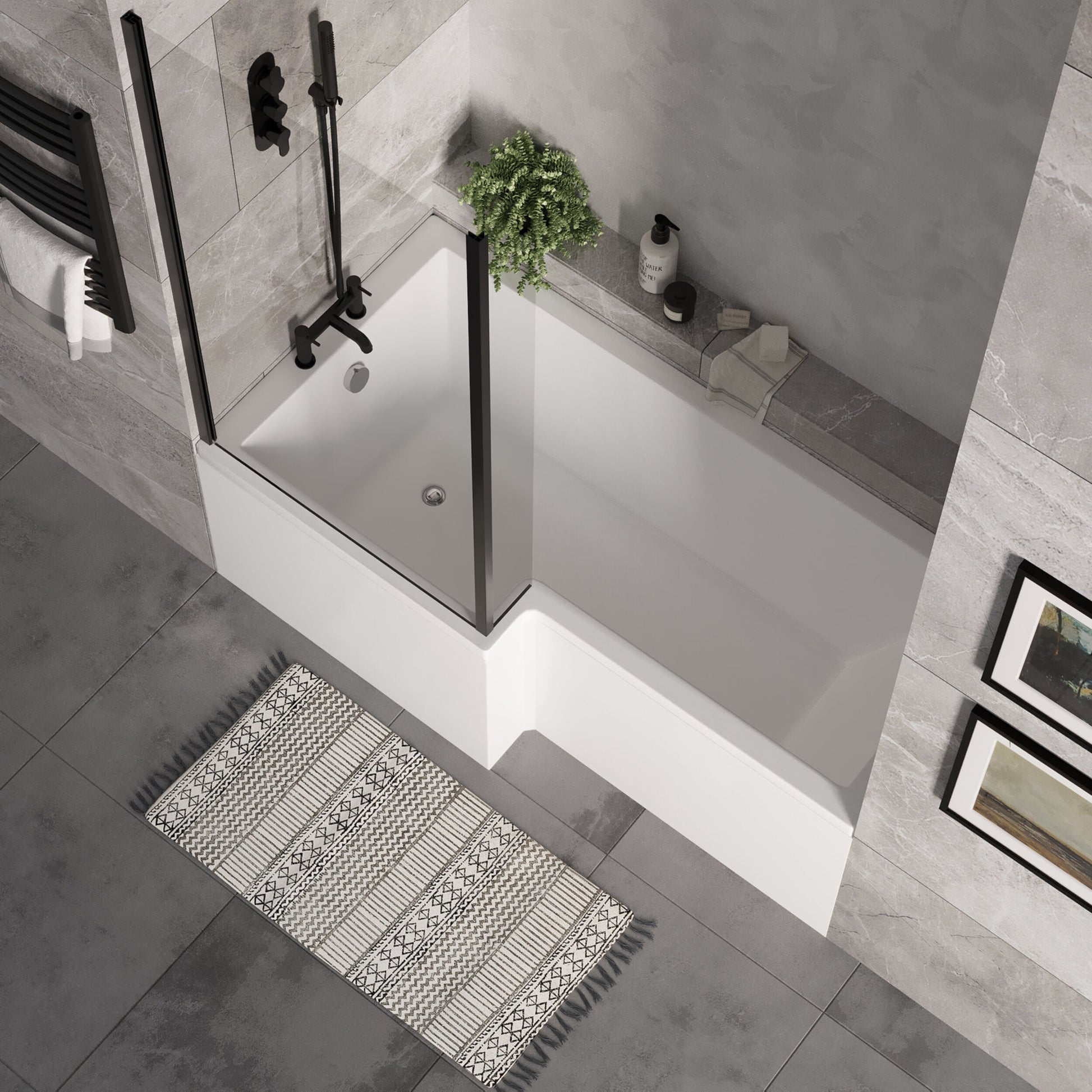 [BBZSS015] L Shape 1700x850 Shower Bath Set - Front Panel & Black Fixed Return Screen, Left Hand - Lifestyle 2