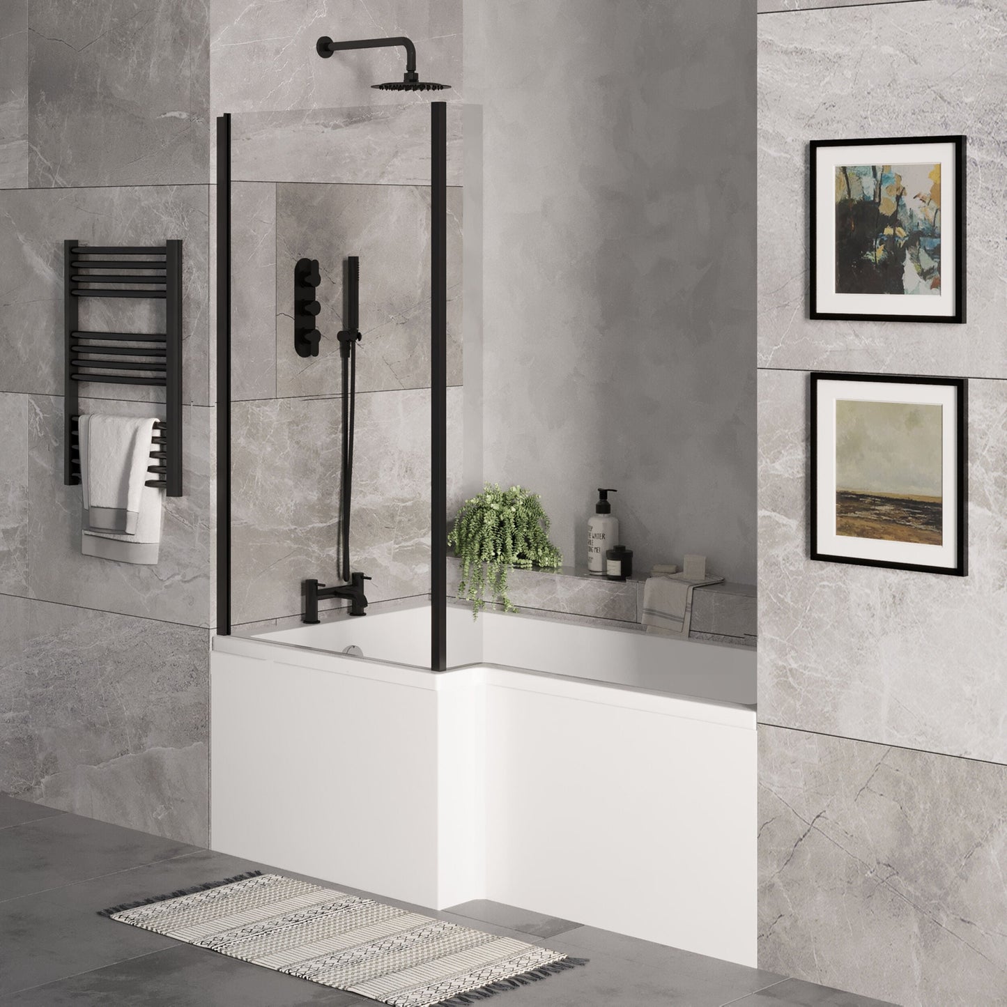 [BBZSS015] L Shape 1700x850 Shower Bath Set - Front Panel & Black Fixed Return Screen, Left Hand - Lifestyle 3