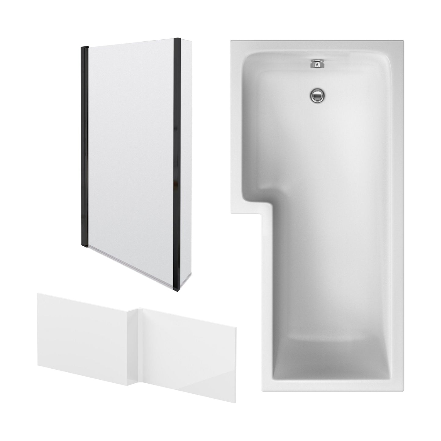 [BBZSS016] L Shape 1700x850 Shower Bath Set - Front Panel & Black Fixed Return Screen, Left Hand - Cutout