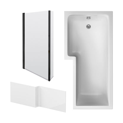 [BBZSS016] L Shape 1700x850 Shower Bath Set - Front Panel & Black Fixed Return Screen, Left Hand - Cutout