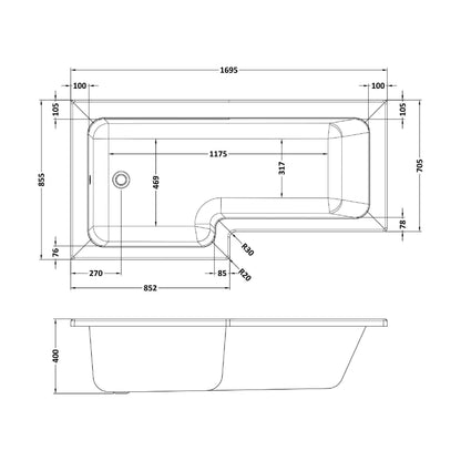[BBZSS016] L Shape 1700x850 Shower Bath Set - Front Panel & Black Fixed Return Screen, Left Hand - Technical Drawing