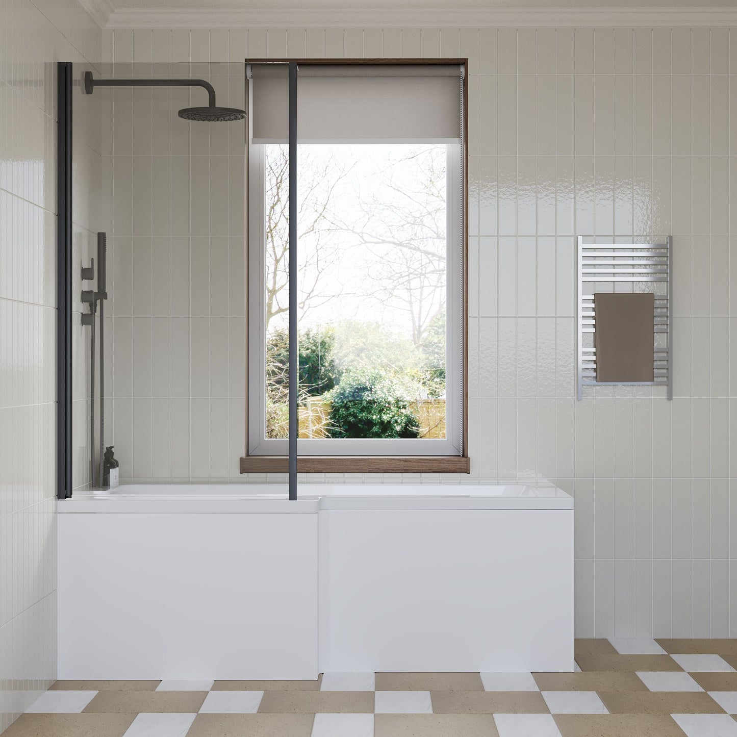 [BBZSS016] L Shape 1700x850 Shower Bath Set - Front Panel & Black Fixed Return Screen, Left Hand - Lifestyle 1
