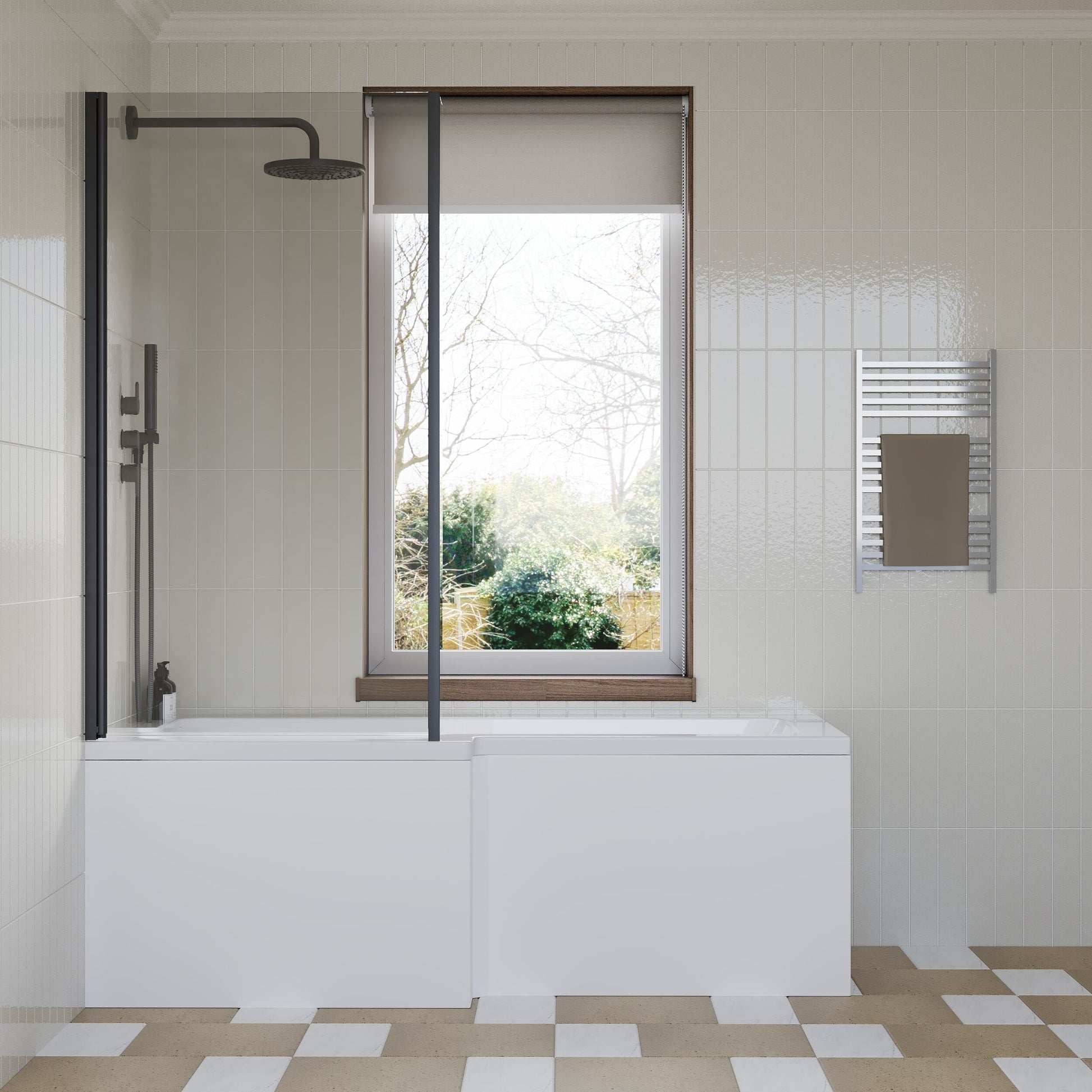[BBZSS016] L Shape 1700x850 Shower Bath Set - Front Panel & Black Fixed Return Screen, Left Hand - Lifestyle 1
